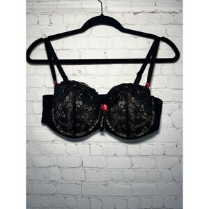 Adore Me Gerda Black Lace Balconette Bra Pink Bow Accents 38D Underwire Lingerie